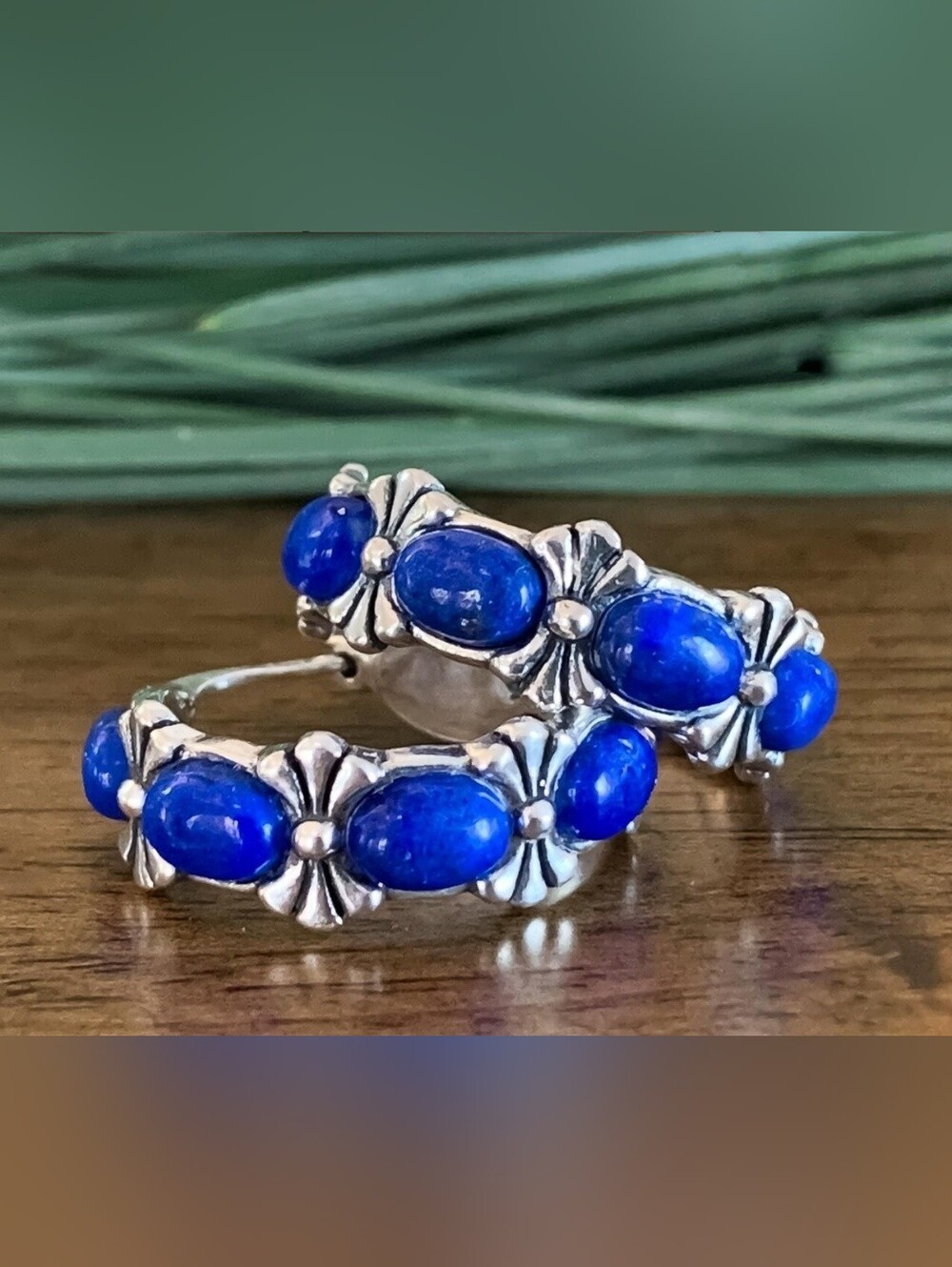 Vintage Southwest Sterling Silver Lapis Lazuli Hoop Earrings/ Vintage Sterling